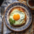 Croquemadame On A White Ornate Round Smooth Plate, French Dish. Generative AI Royalty Free Stock Photo