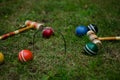 Croquet Balls and Mallets on Grass