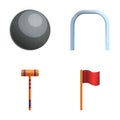 Croquet equipment icons set cartoon vector. Croquet mallet ball and corner flag Royalty Free Stock Photo