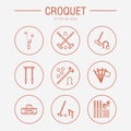 Croquet sport game vector line icons. Ball, mallets, hoops, pegs, corner flags. Garden, lawn activities signs set Royalty Free Stock Photo