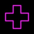 Cross medical icon symbol pink neon sign on black background