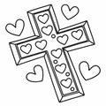A cross is adorned with multiple hearts