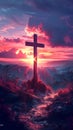 Cross against dramatic sunset sky. Concept of Easter greetings, celebration, resurrection joy, religious, divine, faith