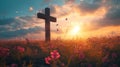 Cross Amidst Wildflowers at Sunrise Royalty Free Stock Photo