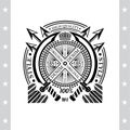 Cross arrows with round frame between two swords in center. Heraldic vintage label Royalty Free Stock Photo