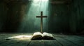 Cross and bible in abandoned building with light beams Royalty Free Stock Photo