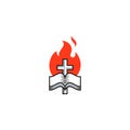 Cross, bible and fire icon, Church logo. The open bible and the cross of Jesus against the background of fire Royalty Free Stock Photo