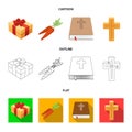 Cross, bible, gift and carrots.Easter set collection icons in cartoon,outline,flat style vector symbol stock