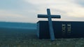 A cross and a Bible together in a misty sunset. 3d