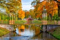 Cross bridge and Chinese bridges in Alexander park in autumn, Pushkin Tsarskoe Selo, Saint Petersburg, Russia Royalty Free Stock Photo