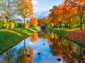 Cross bridge and Chinese bridges in Alexander park in autumn, Pushkin Tsarskoe Selo, Saint Petersburg, Russia Royalty Free Stock Photo