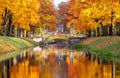 Cross bridge and Chinese bridges in Alexander park in autumn, Pushkin Tsarskoe Selo, St. Petersburg, Russia Royalty Free Stock Photo