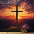 Cross at Calvary - Awe-inspiring image of a wooden cross on a hill during a sunset