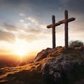 Cross at Calvary - Awe-inspiring image of a wooden cross on a hill during a sunset