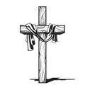 Cross with canvas, crucifix with hanging down fabric, resurrection after crucifixion of Jesus, christianity symbol