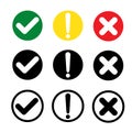 Cross check mark icons, flat round buttons and black colour set vector illustration Royalty Free Stock Photo