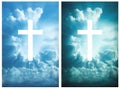 The cross of christ in the blue sky, The white cross was on a large cloud with a beam of light spread out, Bright and vintage tone Royalty Free Stock Photo