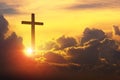 The cross of christ in the yellow sky, The cross on a huge cloud, With the rising sun behind. Epic sky, Royalty Free Stock Photo