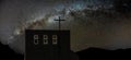 Cross on church over clear night sky and bright Milky Way . Six bells of different sizes on the top. Peaks of high mountains in Royalty Free Stock Photo