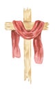 Cross Clipart, Watercolor Christian wooden cross With Red Cloth, Baptism Cross, Wedding invites, Holy Spirit, Religious