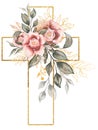 Cross Clipart, Watercolor golden frame cross With pink peony flowers and greenery bouquet, Baptism Cross clip art, Wedding invites