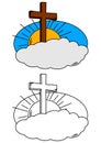 Cross on a cloud and the sun as a coloring for kids