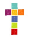 Isolated cross with white Christian symbols. Cross with colored squares. Religious sign