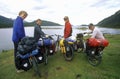 Cross country bicyclists in Andes Mountains, Tierra del Fuego National Park, Ushuaia, Argentina