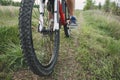 Man riding a bicycle at countryside, close up Royalty Free Stock Photo