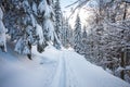 Cross-country ski trail during morning sunrise ready for runners. Winter activities during the perfect winter in Beskydy montains Royalty Free Stock Photo