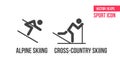 Cross-country skiing, alpine skiing und nordic combinedsign icon, logo. Set of sport vector line icons, athlete pictogram Royalty Free Stock Photo