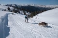Cross-country skiing in Alps with two huskies