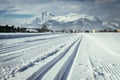 Cross-country skiing in Austria: Slope, fresh white powder snow and mountains Royalty Free Stock Photo