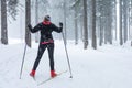 Cross country skiing in bad weather.