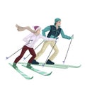 Couple skiers skiing in the snow. Vector characters.