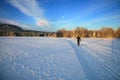 Cross country skiing. A magical start to a new day in the meadows of the Stolowe Mountains National Park in Poland.