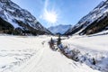 Cross-country skiing trail through the Pitztal near Sankt Leonhard in Tirol, winter sports in snowy landscape in the Austrian Alps Royalty Free Stock Photo