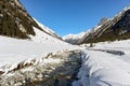 Cross-country skiing trail through the Pitztal near Sankt Leonhard in Tirol, winter sports in snowy landscape in the Austrian Alps