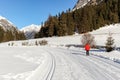 Cross-country skiing trail through the Pitztal near Sankt Leonhard in Tirol, winter sports in snowy landscape in the Austrian Alps Royalty Free Stock Photo