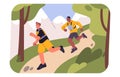 Cross country, trail running. Runners on marathon, competition. Joggers training stamina, body for championship. Sporty