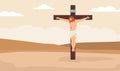 Cross with crucified Jesus Christ in desert, color flat vector illustration.