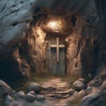 A cross on a doorway in a caverness area.