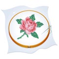 Cross embroidered rose. Color image of hoop with needlework on a white background. Vector illustration for handcraft