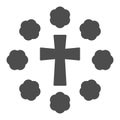 Cross and flowers solid icon. Floral decoration oval around christian crucifix glyph style pictogram on white background