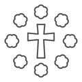 Cross and flowers thin line icon. Floral decoration oval around christian crucifix outline style pictogram on white