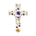 Cross of flowers watercolor by hand illustrations for the church religious brochures Easter Christianity and Baptism