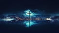 Cross in the fog with city lights at night. Royalty Free Stock Photo