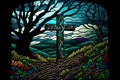 Cross in the forest. Illustration in stained glass style. Vector.