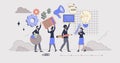 Cross functional teams collaboration tiny person neubrutalism concept