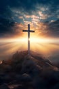 Cross of God in the rays of the sun on hill, beautiful panorama, portrait Royalty Free Stock Photo